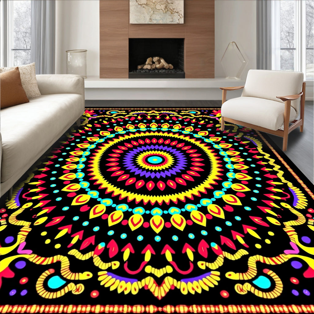Vibrant Psychedelic Floral Mandala Rug
