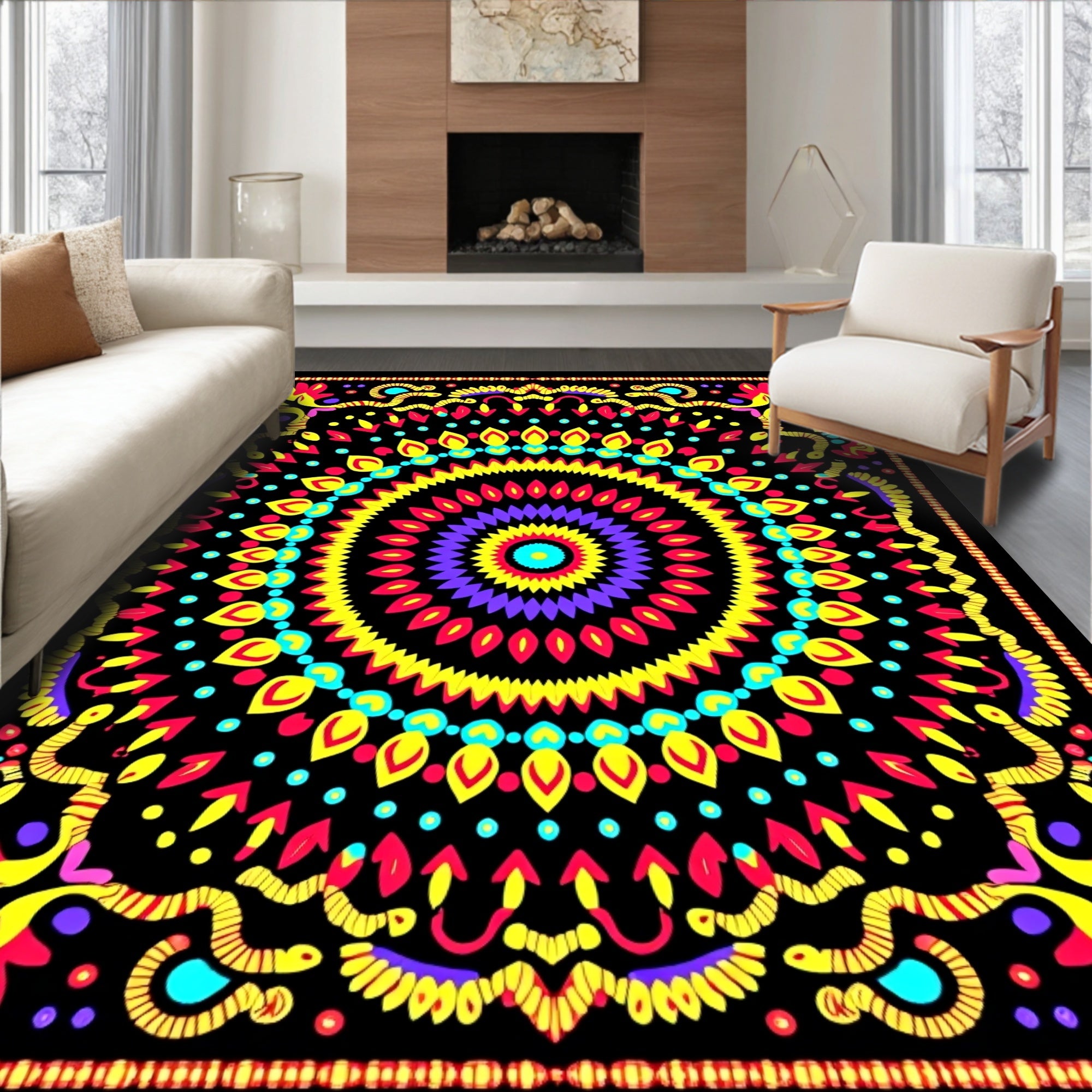 Vibrant Psychedelic Floral Mandala Rug