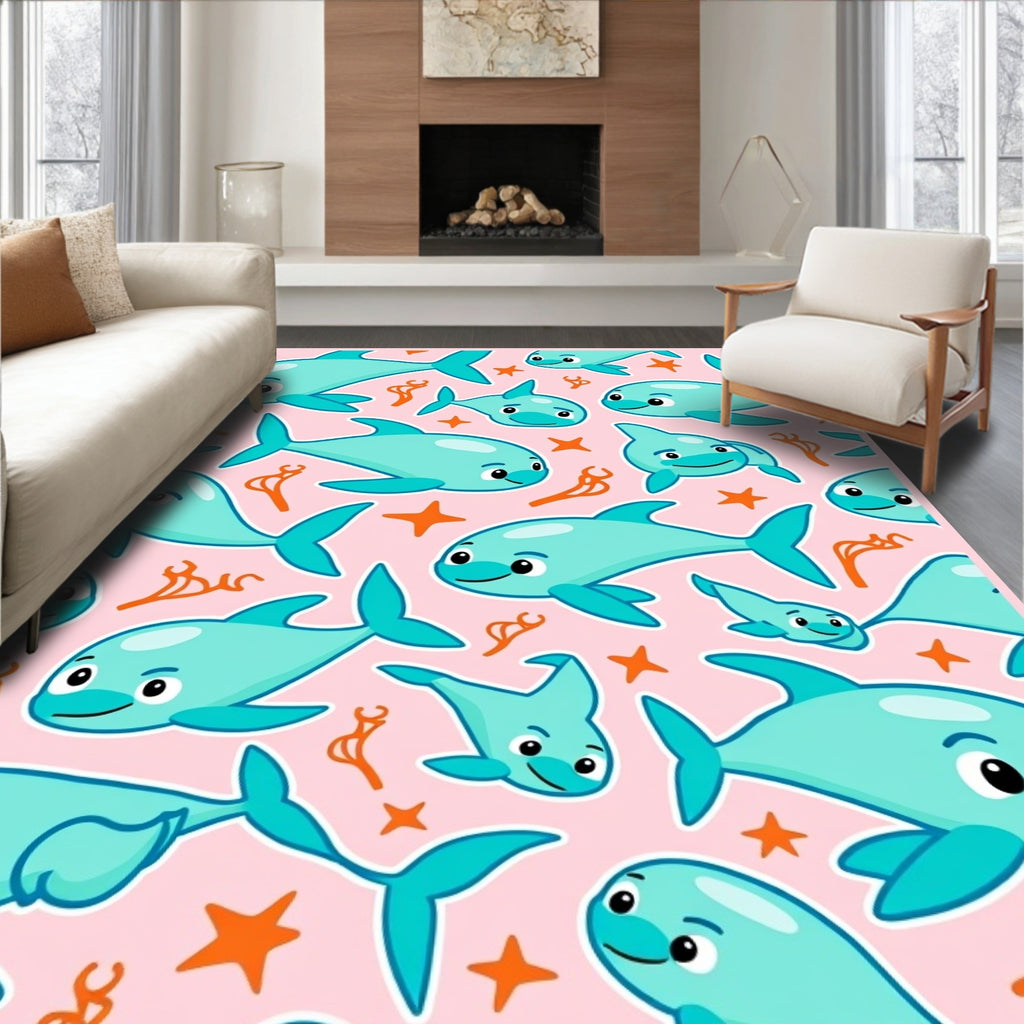 Playful Blue Dolphin Ocean Collage Rug