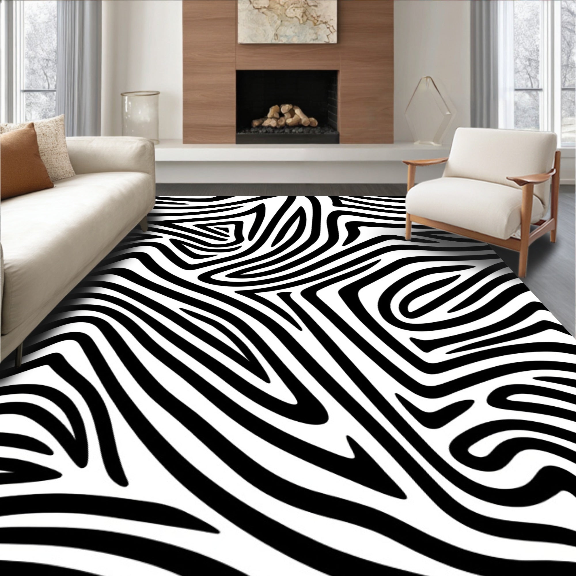 Bold Black White Abstract Strips Rug