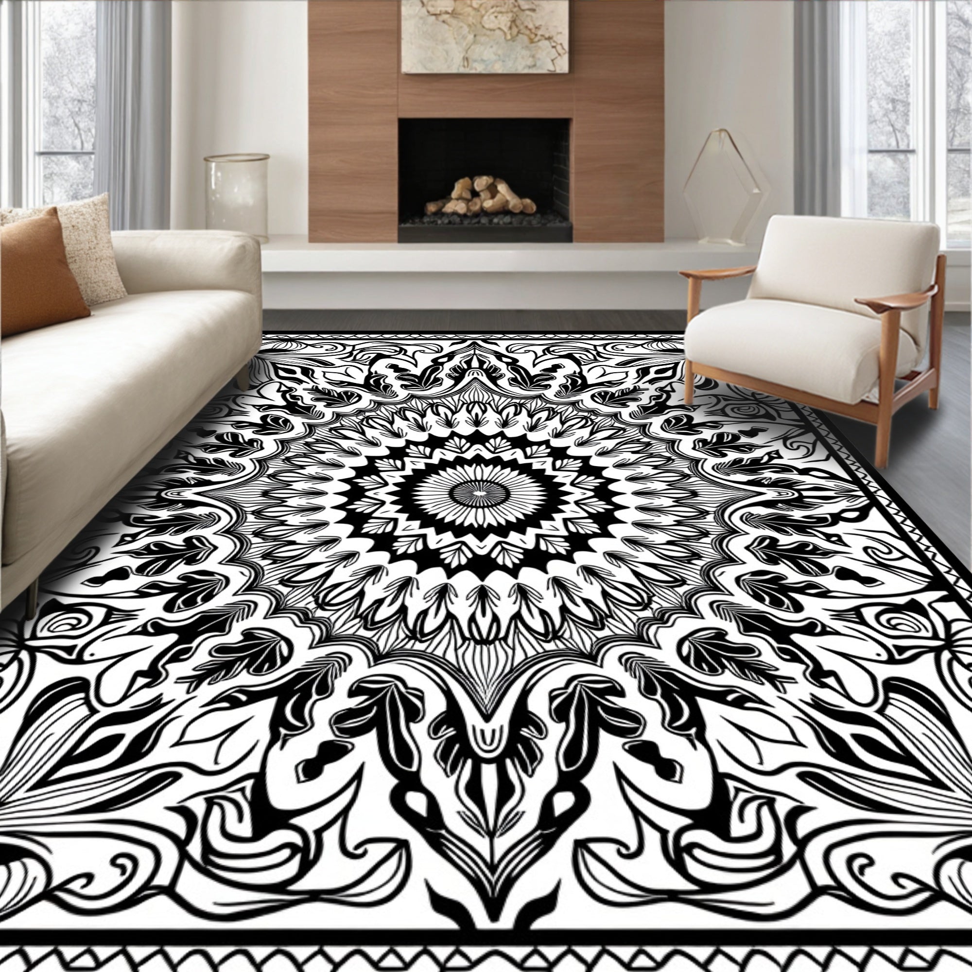 Monochromatic Folk Art Floral Mandala Rug