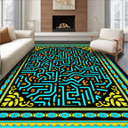 Abstract Neon Maze With Figures Rug