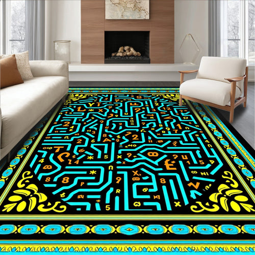 Abstract Neon Maze With Figures Rug