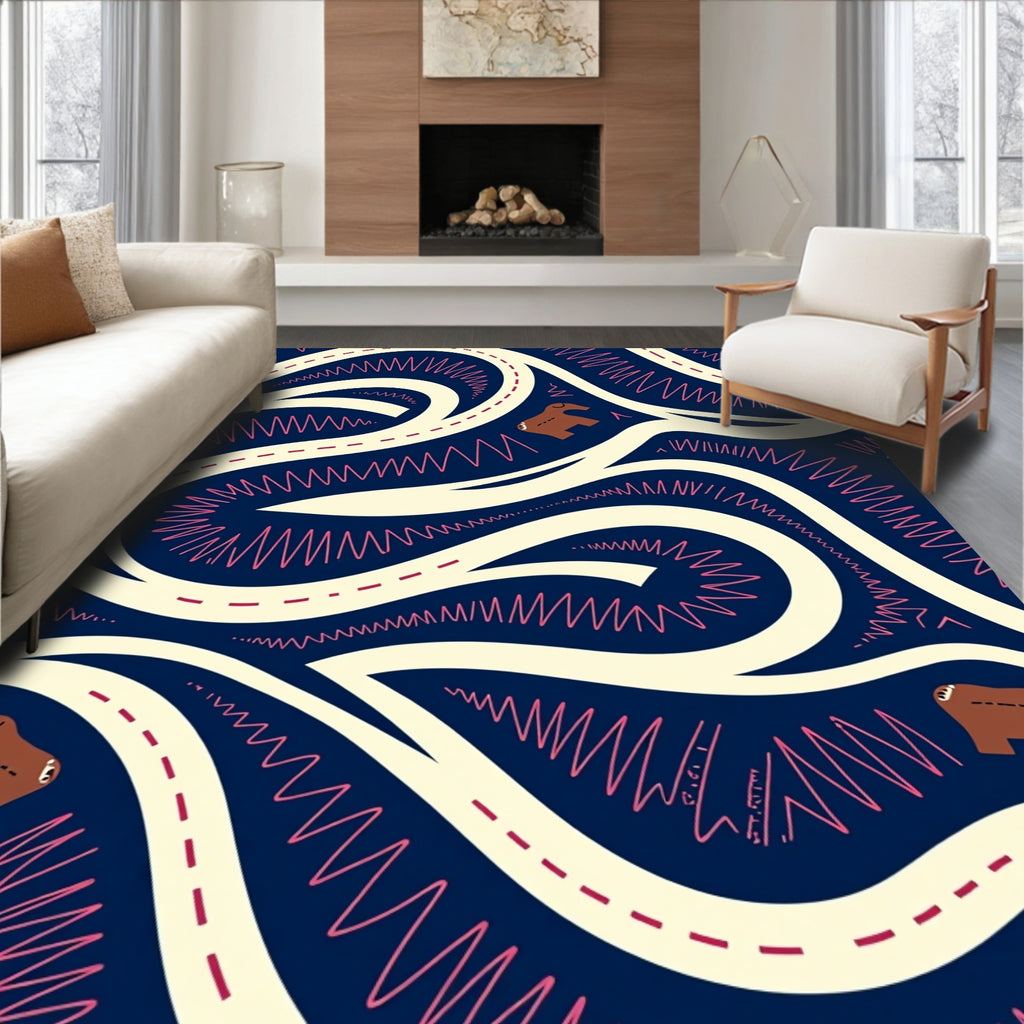 Navy Cream Brown Winding Road Animals Rug