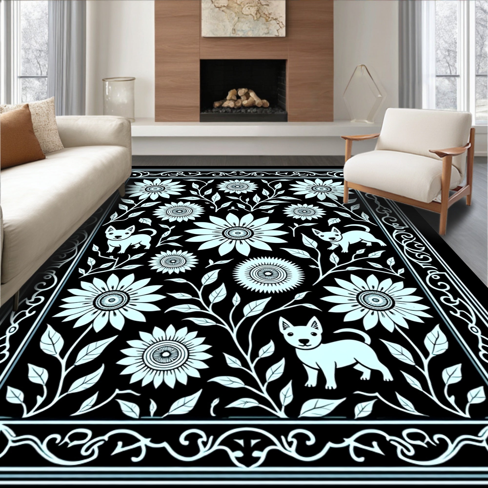 Pale Blue Floral Canine Garden Border Rug