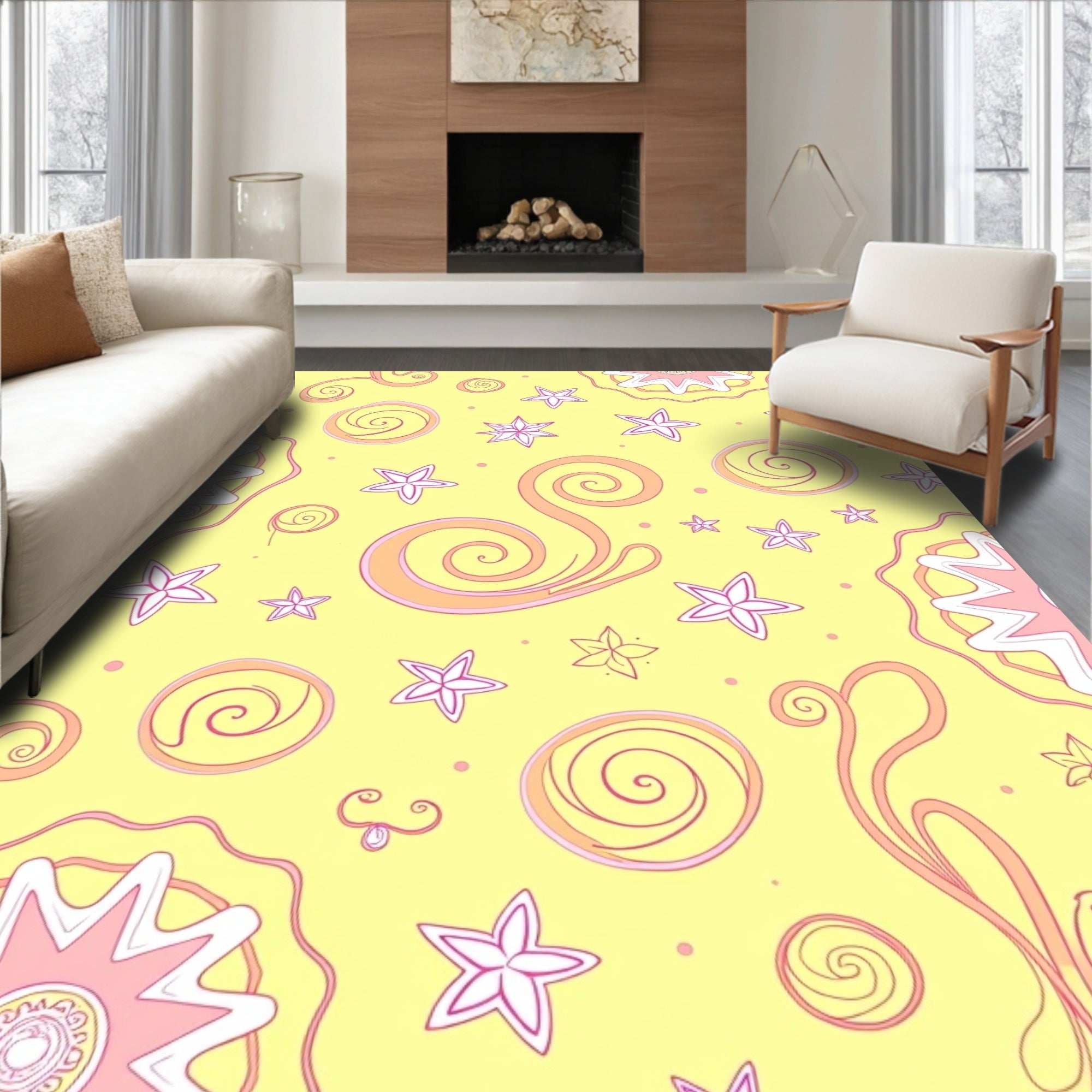 Whimsical Yellow Star Swirl Medallion Rug