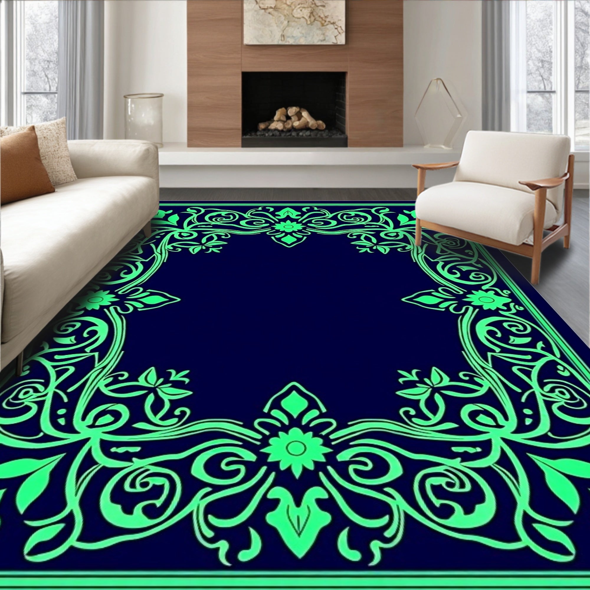 Emerald Green Floral Scroll Frame Rug