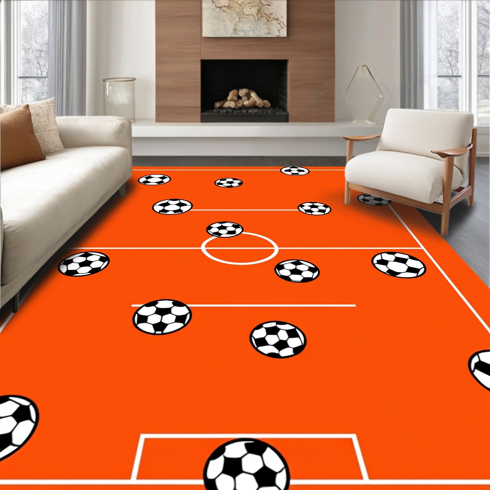 Orange Soccer Field Balls Rug