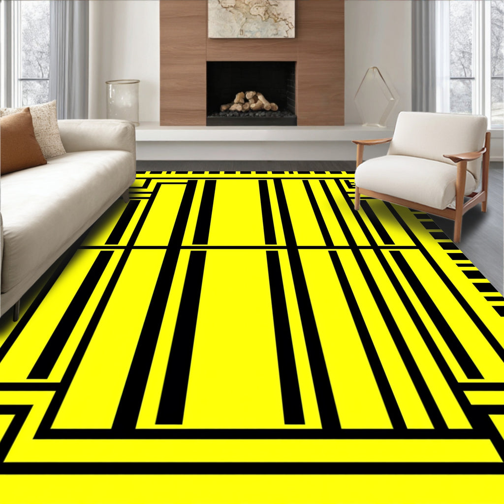 Bold Yellow Black Geometric Stripes Rug