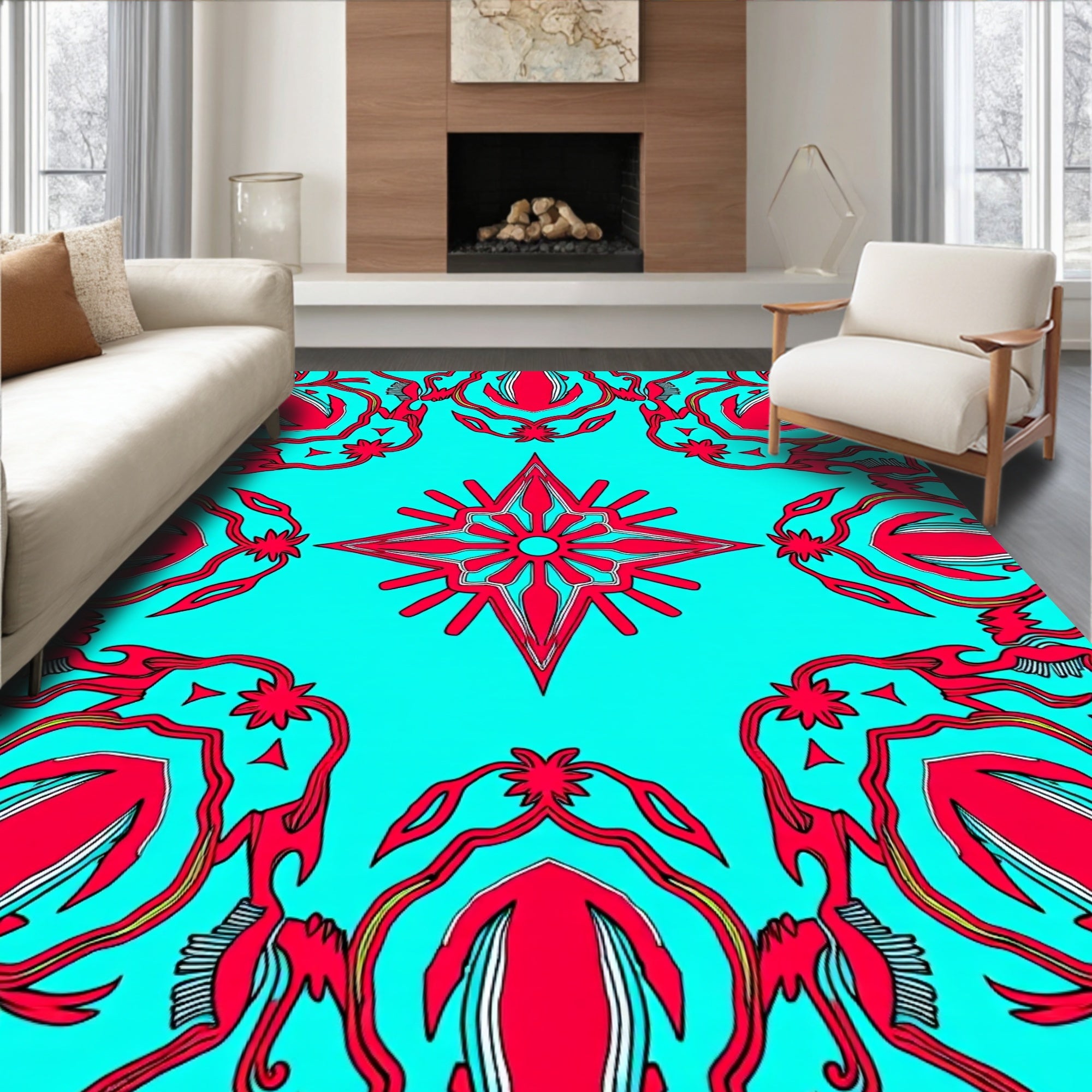 Radiant Red Starburst Turquoise Medallion Rug