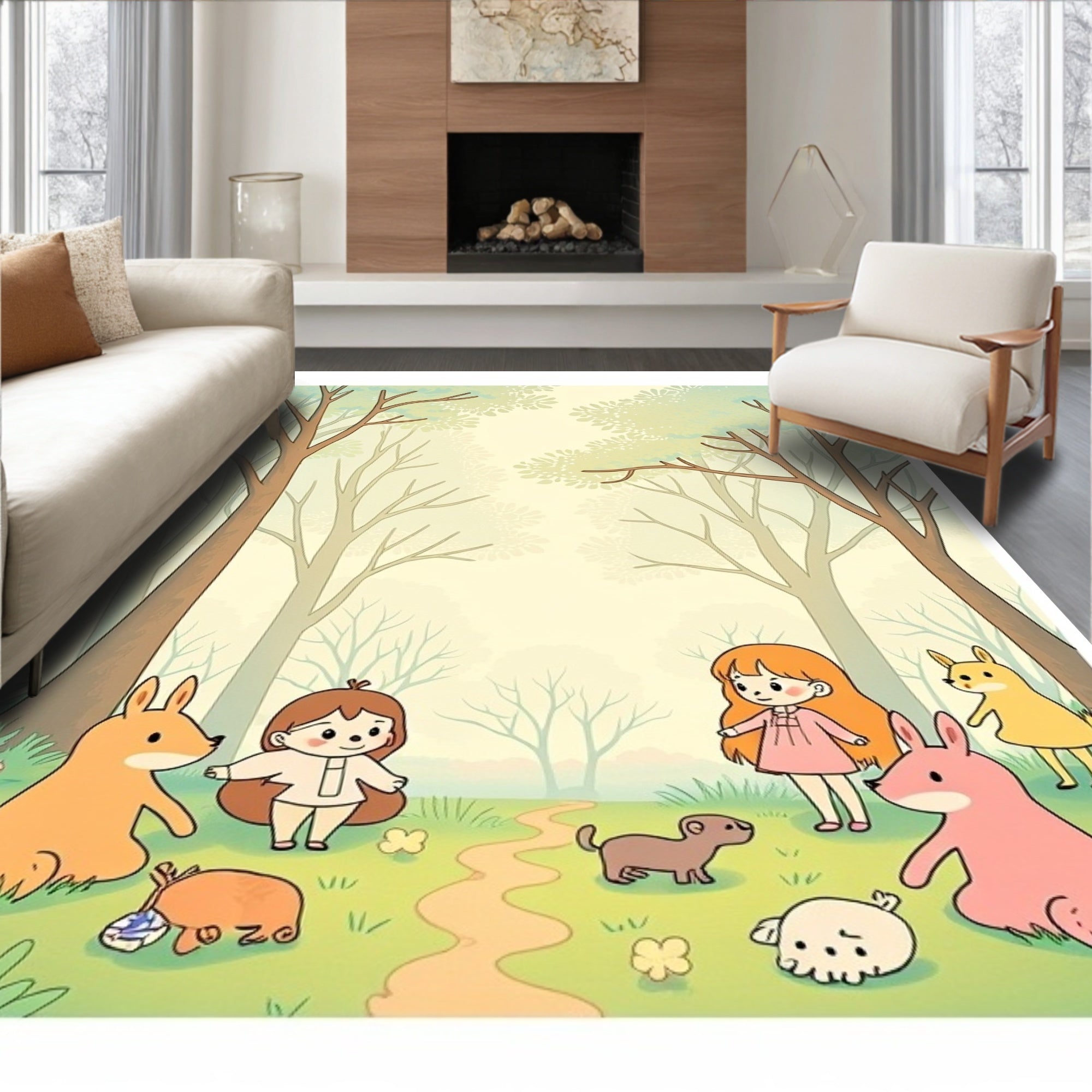 Woodland Girls And Animals Gathering Rug