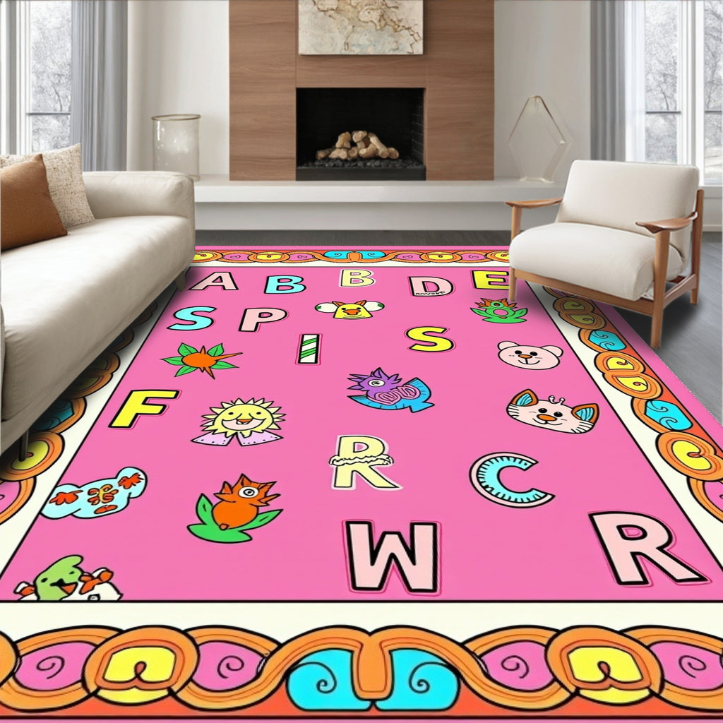 Playful Pink Alphabet Characters Border Rug