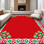 Crimson Floral Border With Green Leaves Rug