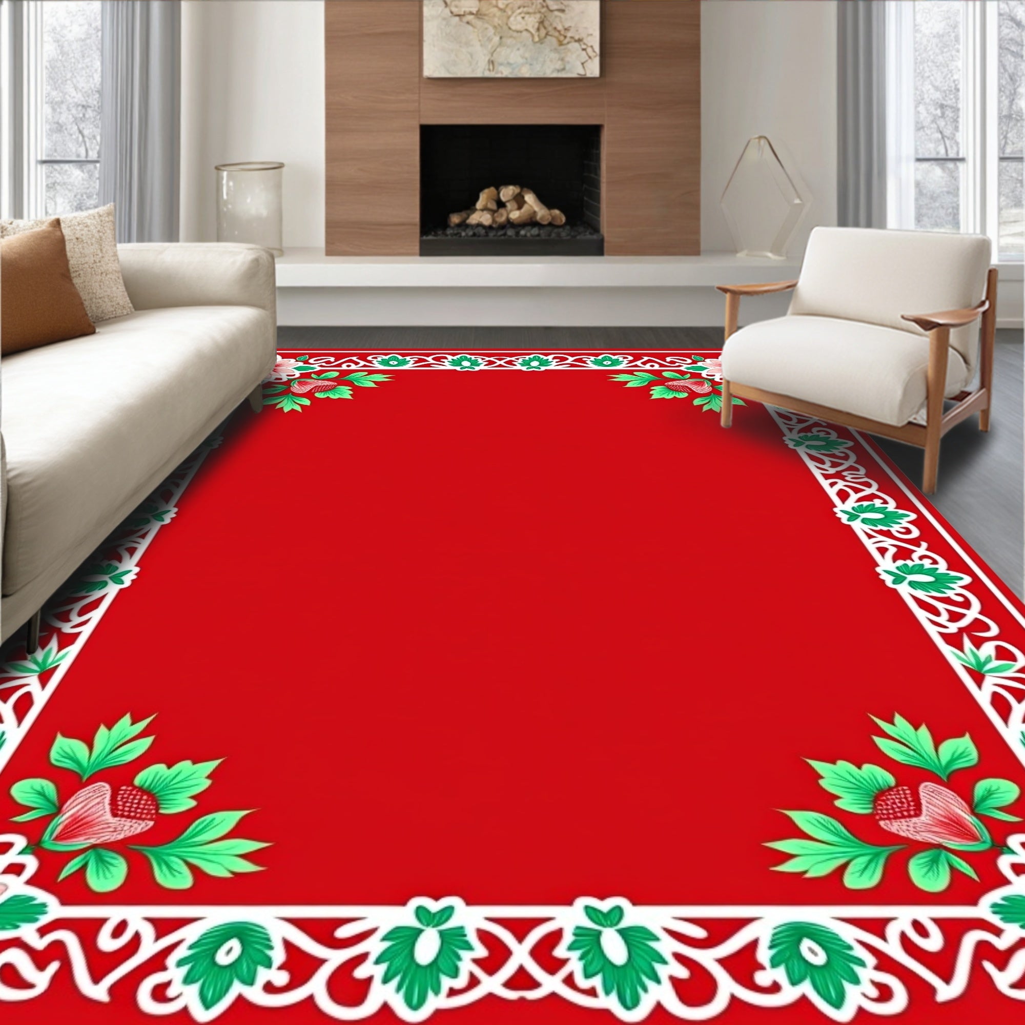 Crimson Floral Border With Green Leaves Rug