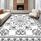 Black White Ornamental Floral Mandala Rug