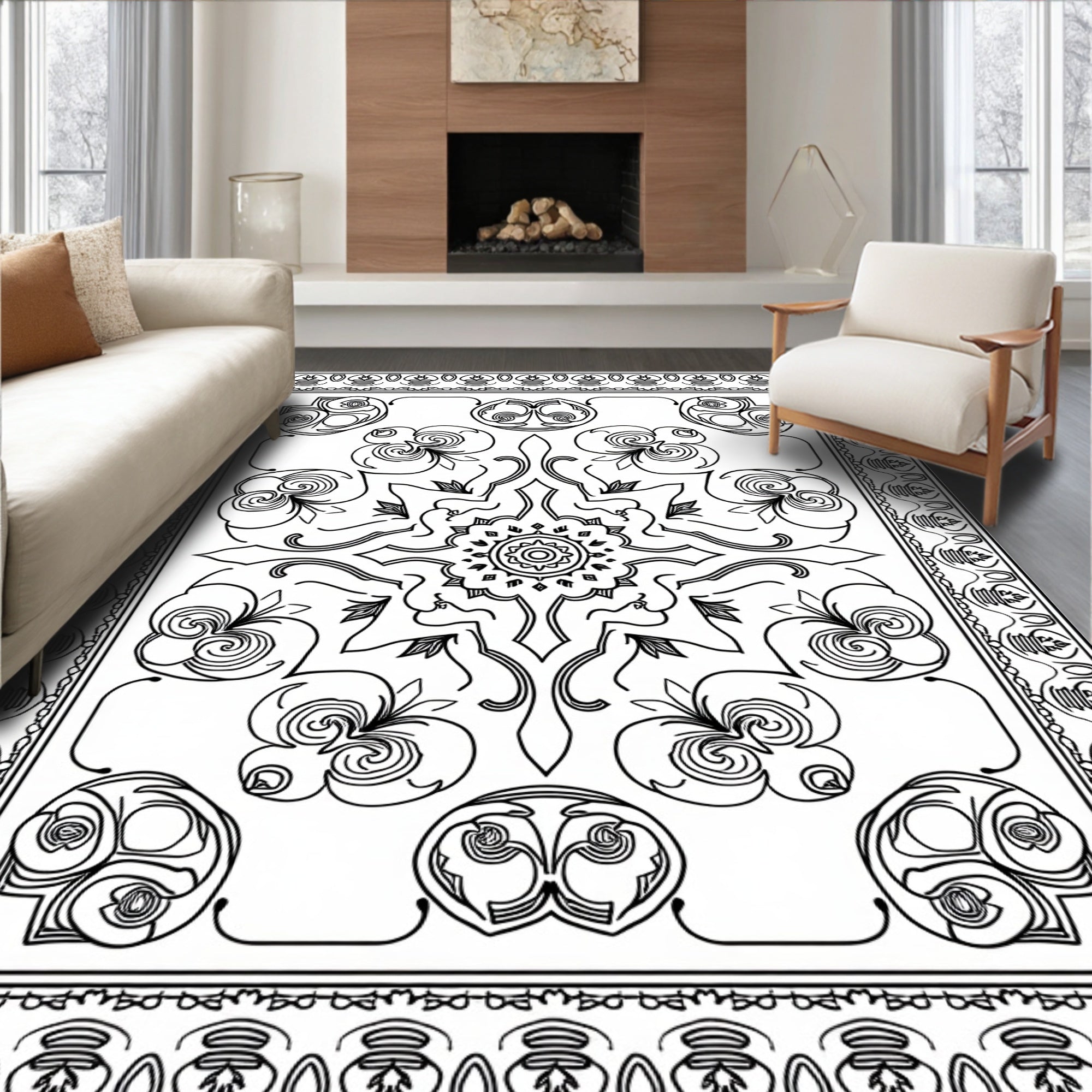 Black White Ornamental Floral Mandala Rug