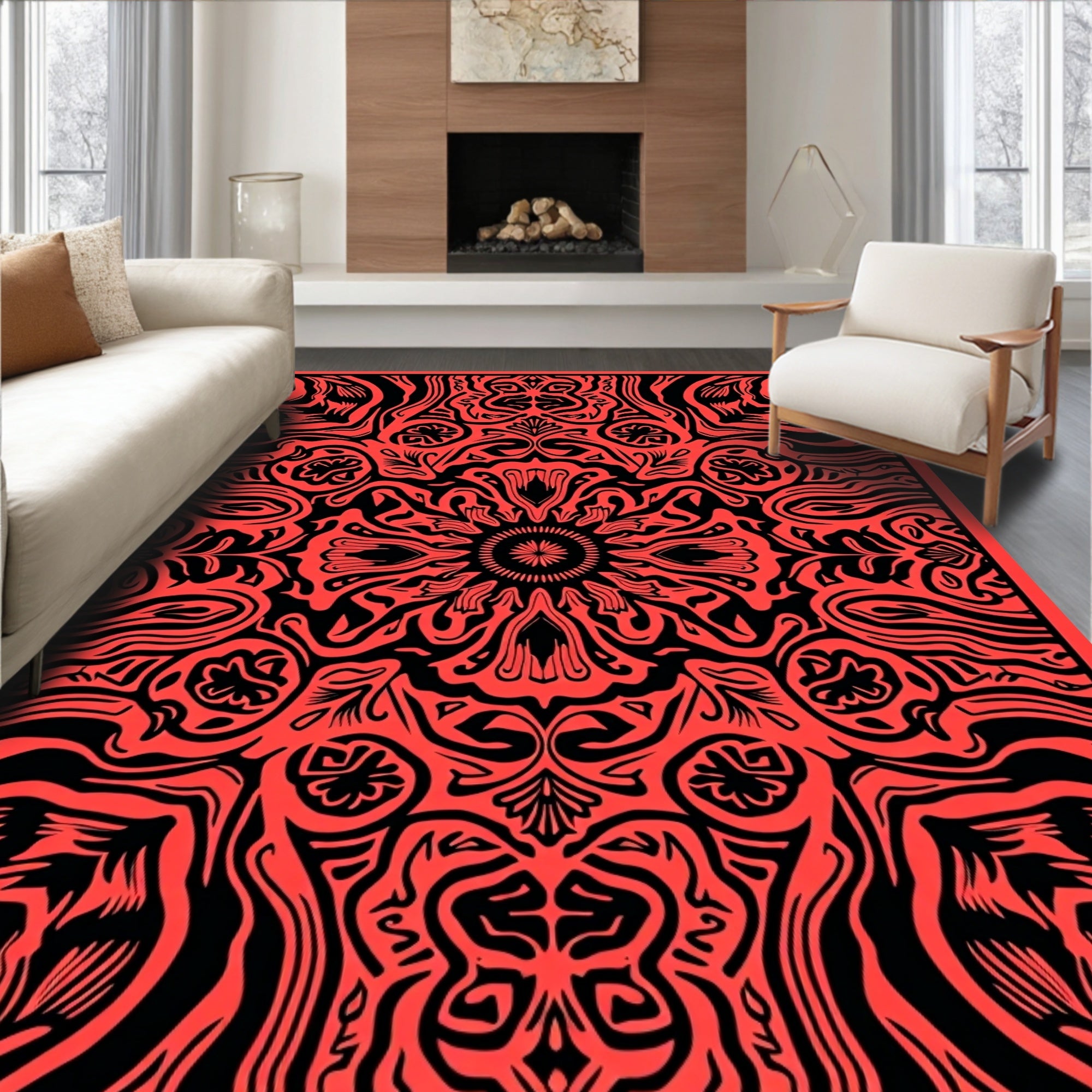 Vibrant Red Black Psychedelic Mandala Rug