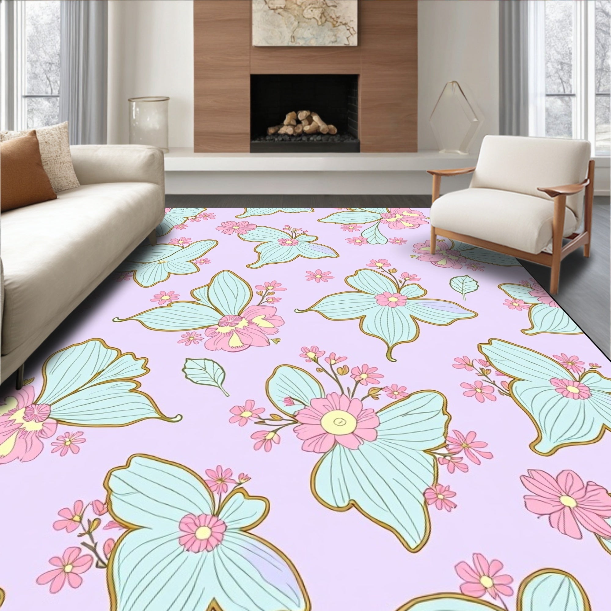 Pastel Lavender Butterfly Floral Array Rug