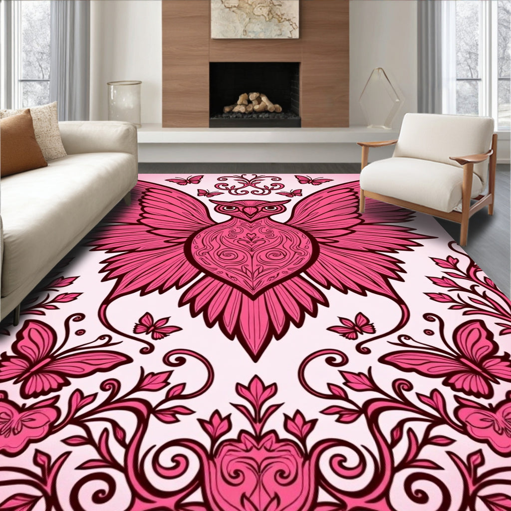 Whimsical Pink Butterfly Owl Garden Rug