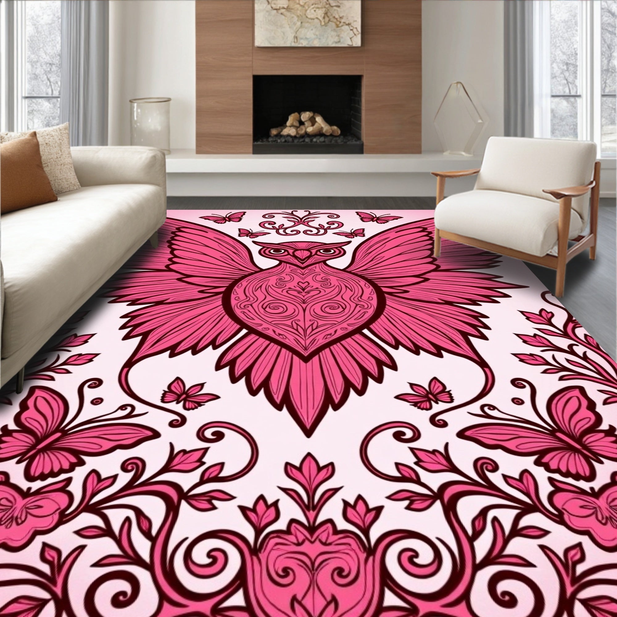 Whimsical Pink Butterfly Owl Garden Rug