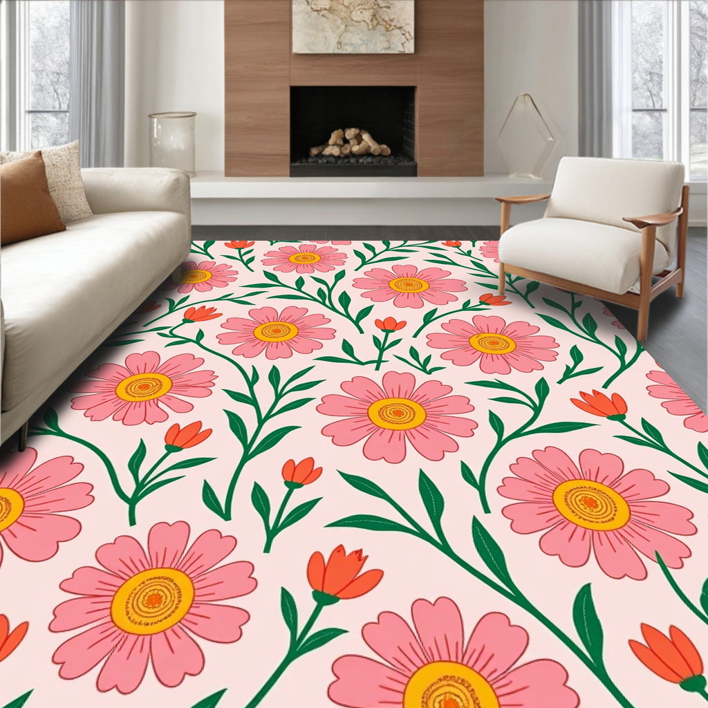 Pink Daisy Garden With Green Stems Rug