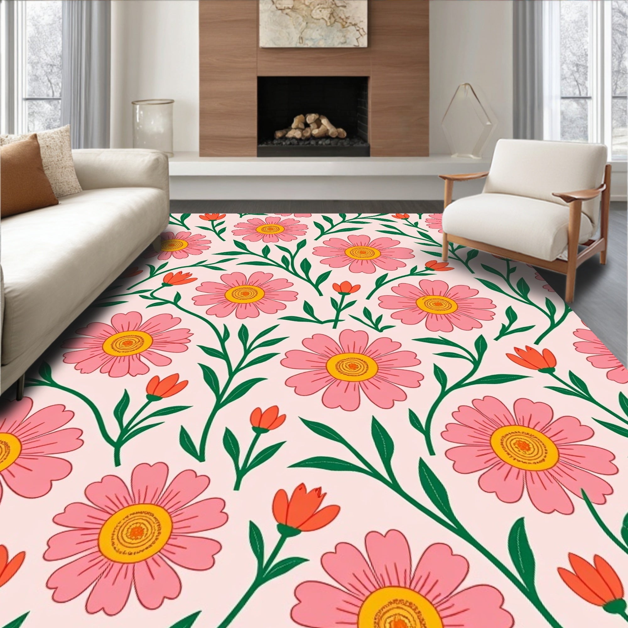 Pink Daisy Garden With Green Stems Rug