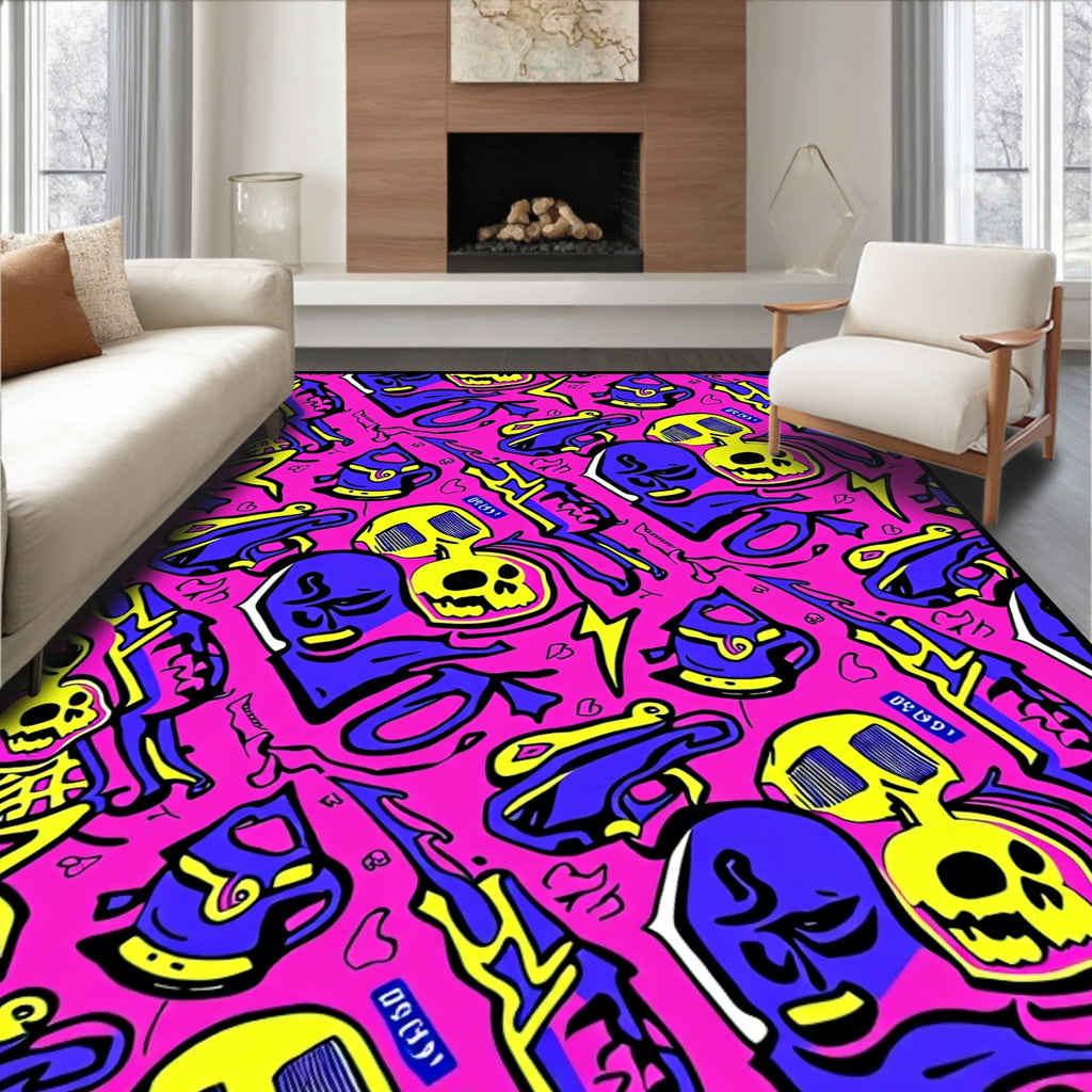 Vivid Pink Skull Weapon Collage Rug