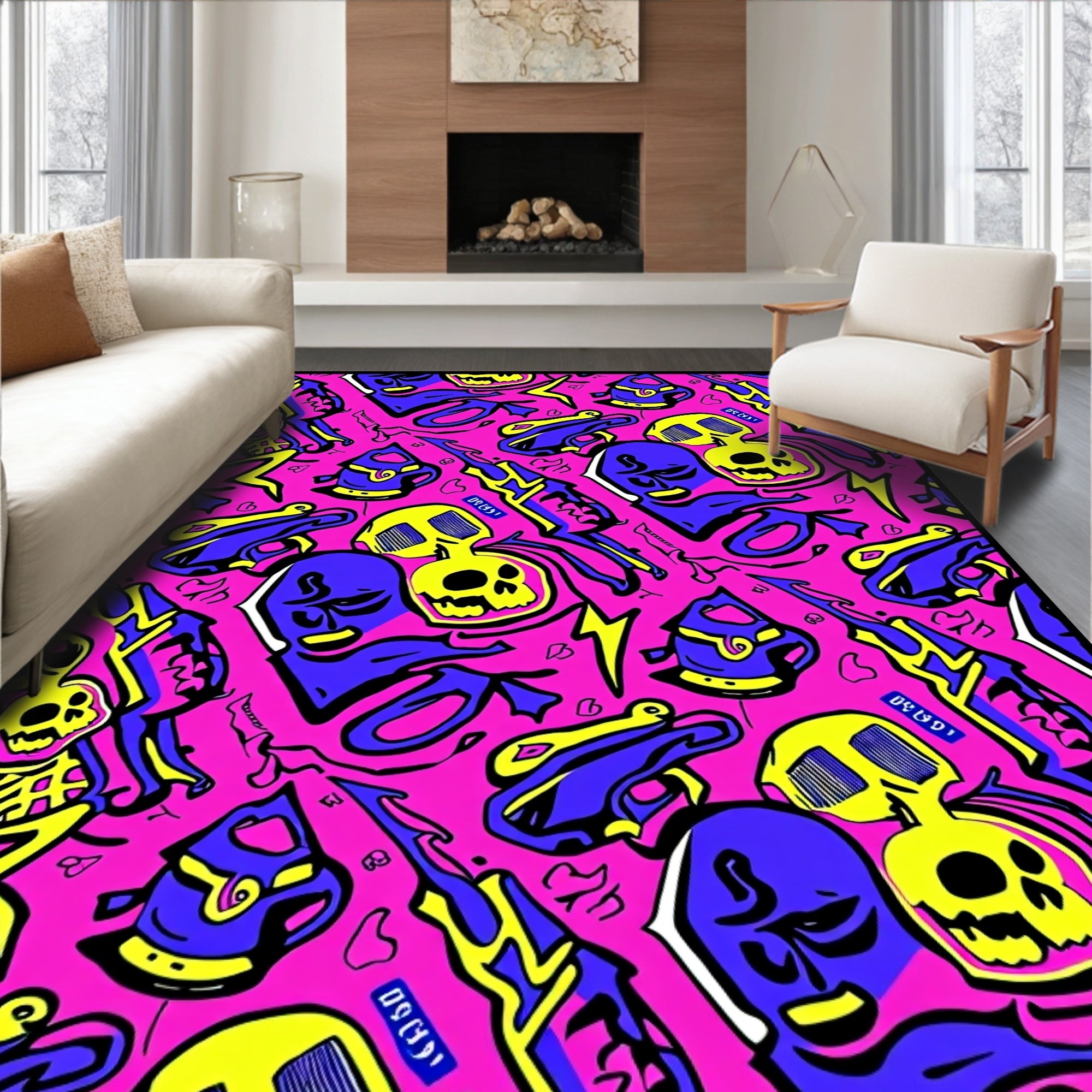 Vivid Pink Skull Weapon Collage Rug