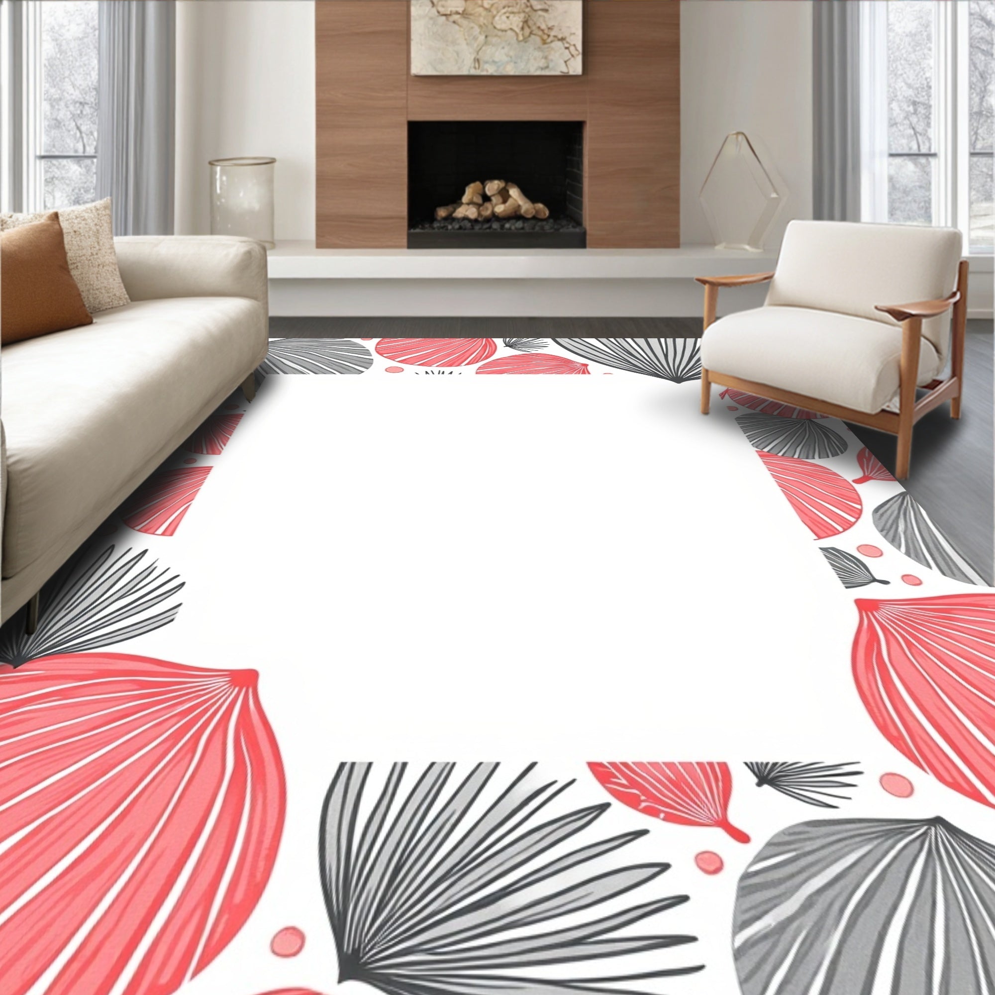 Coral Grey Fan Tropical Leaves Rug