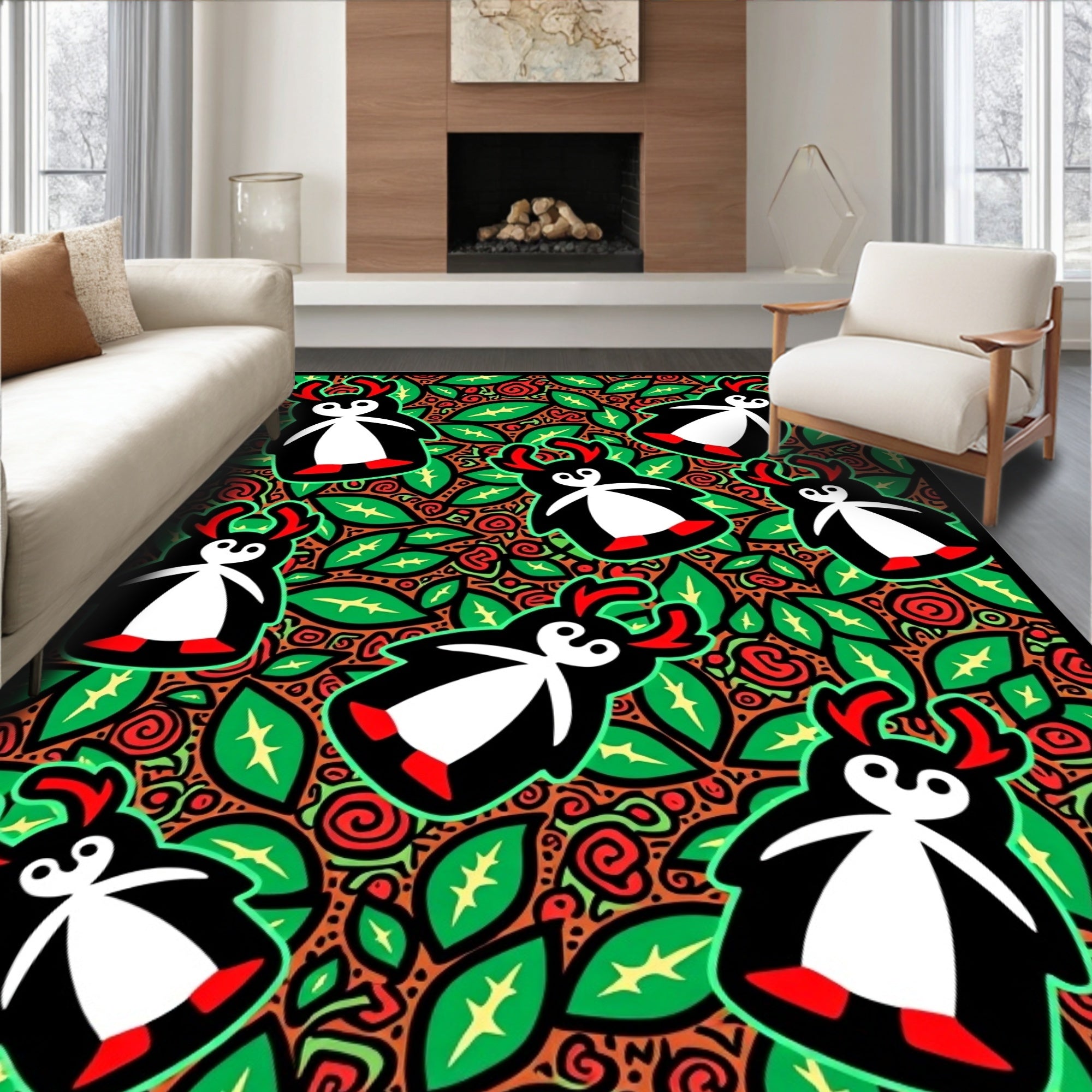 Whimsical Red Antlers Penguin Garden Rug