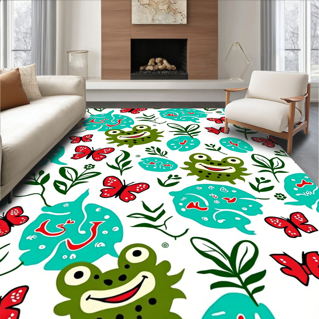 Happy Green Frogs Red Butterflies Pond Rug