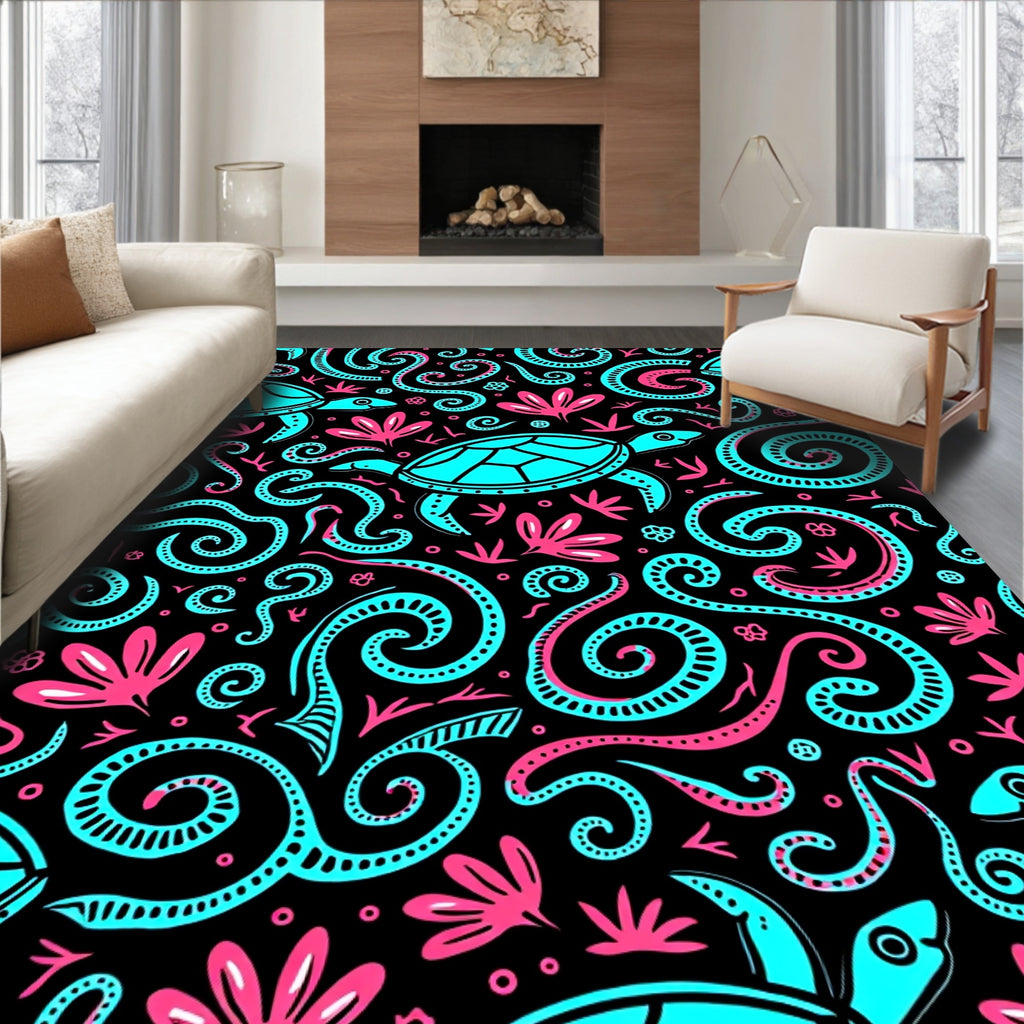 Turquoise Turtle Ocean Swirls Rug