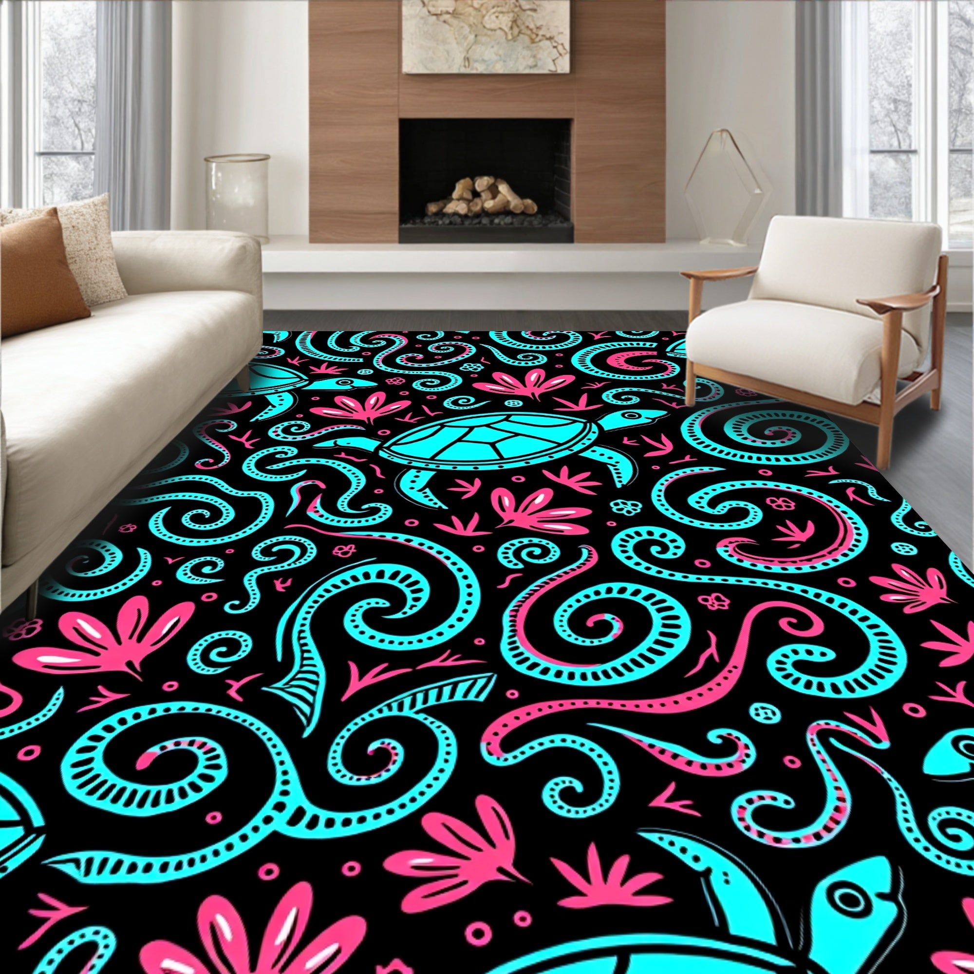 Turquoise Turtle Ocean Swirls Rug