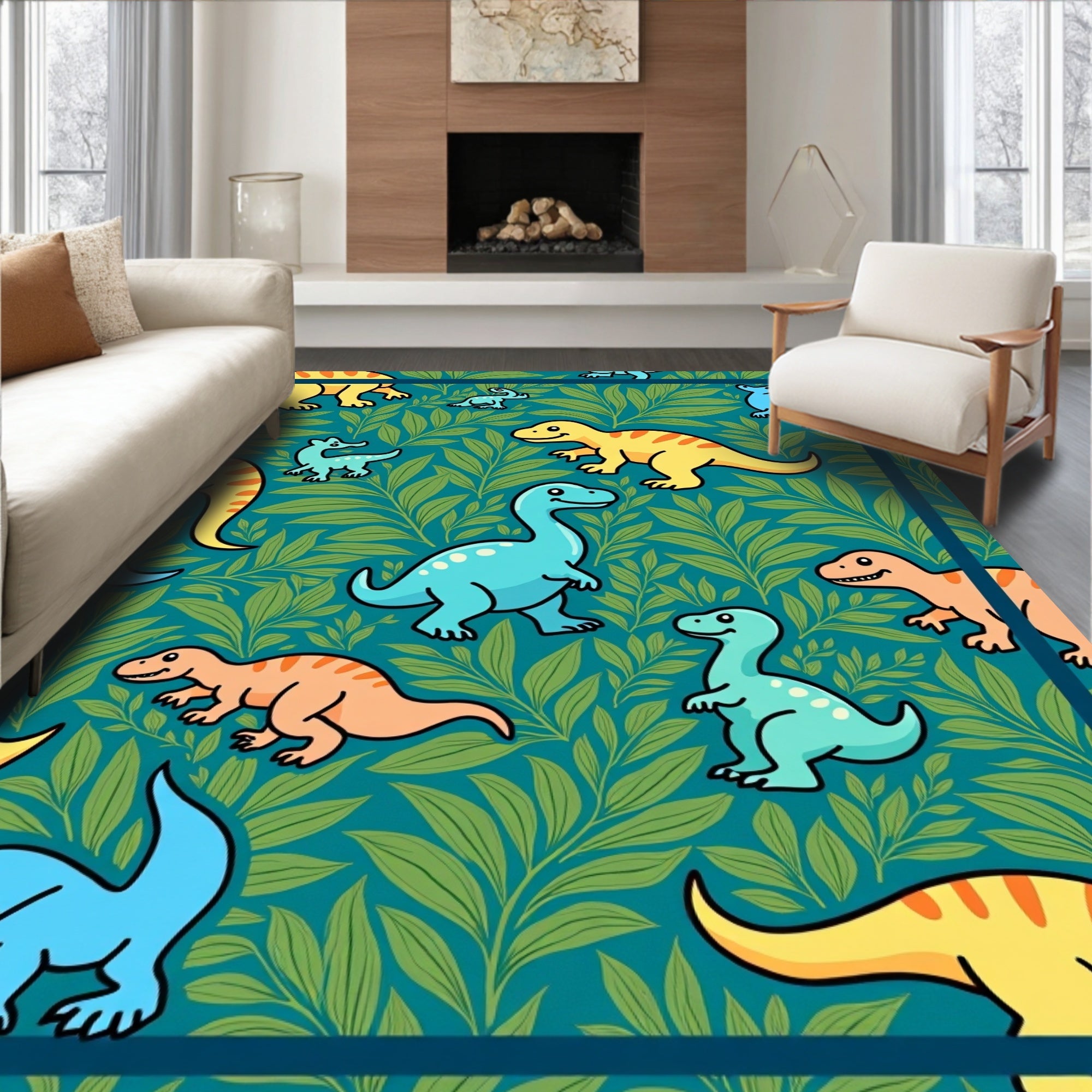 Whimsical Dinosaur Jungle Leaf Rug
