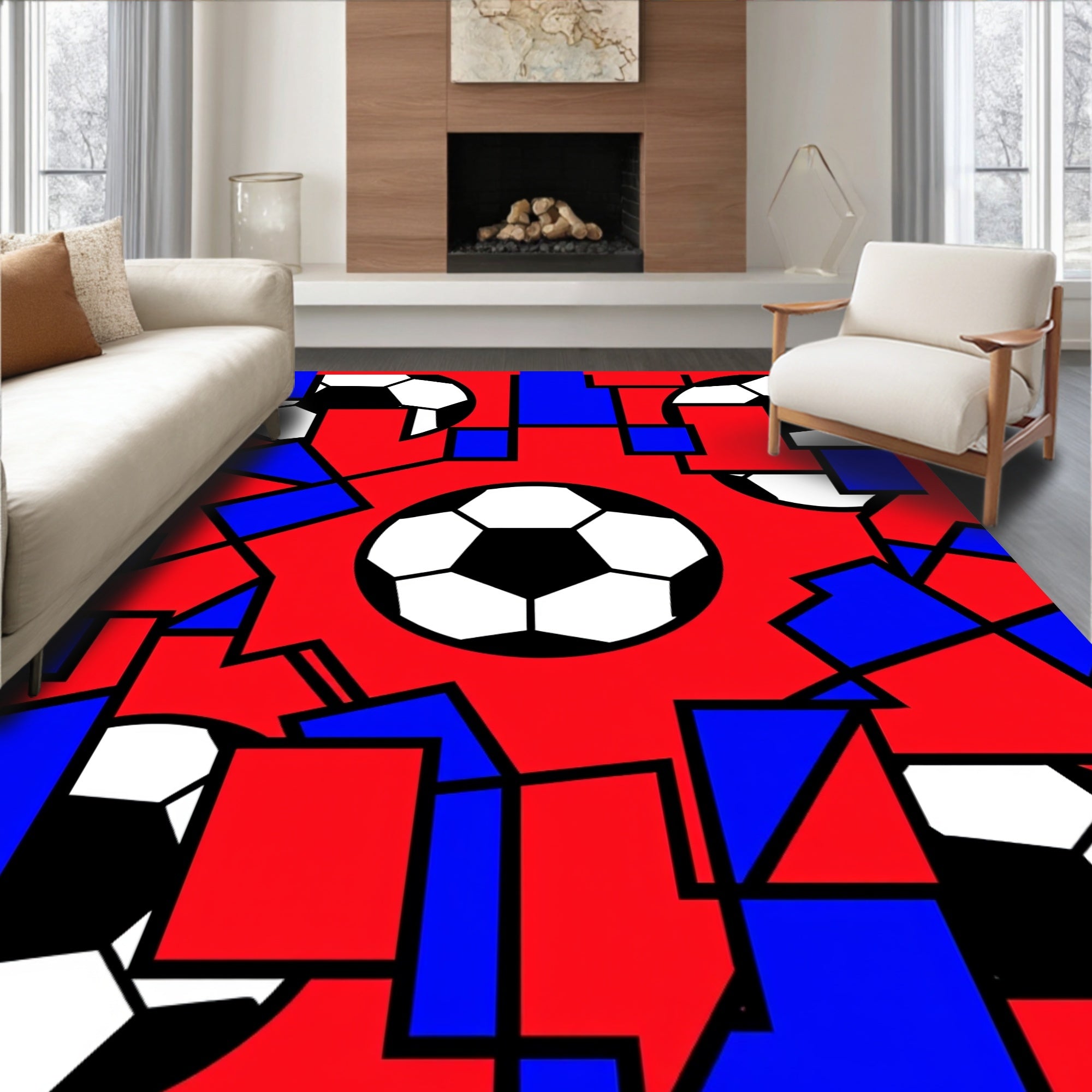 Red Blue Soccer Ball Geometric Collage Rug