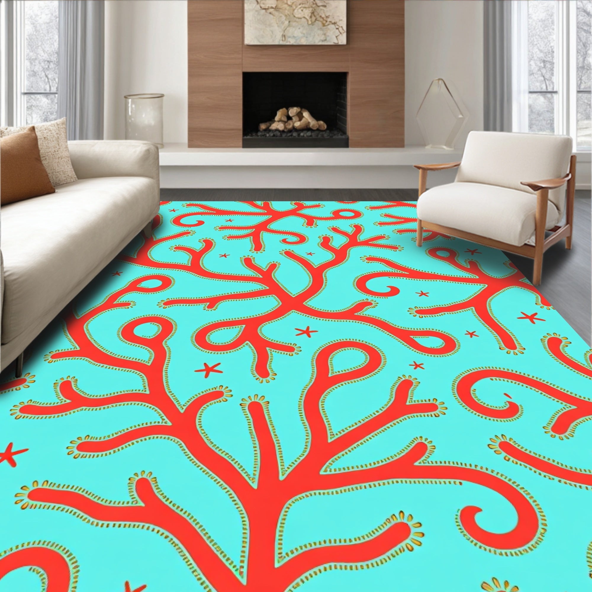 Coral Branch Red And Aqua Rug