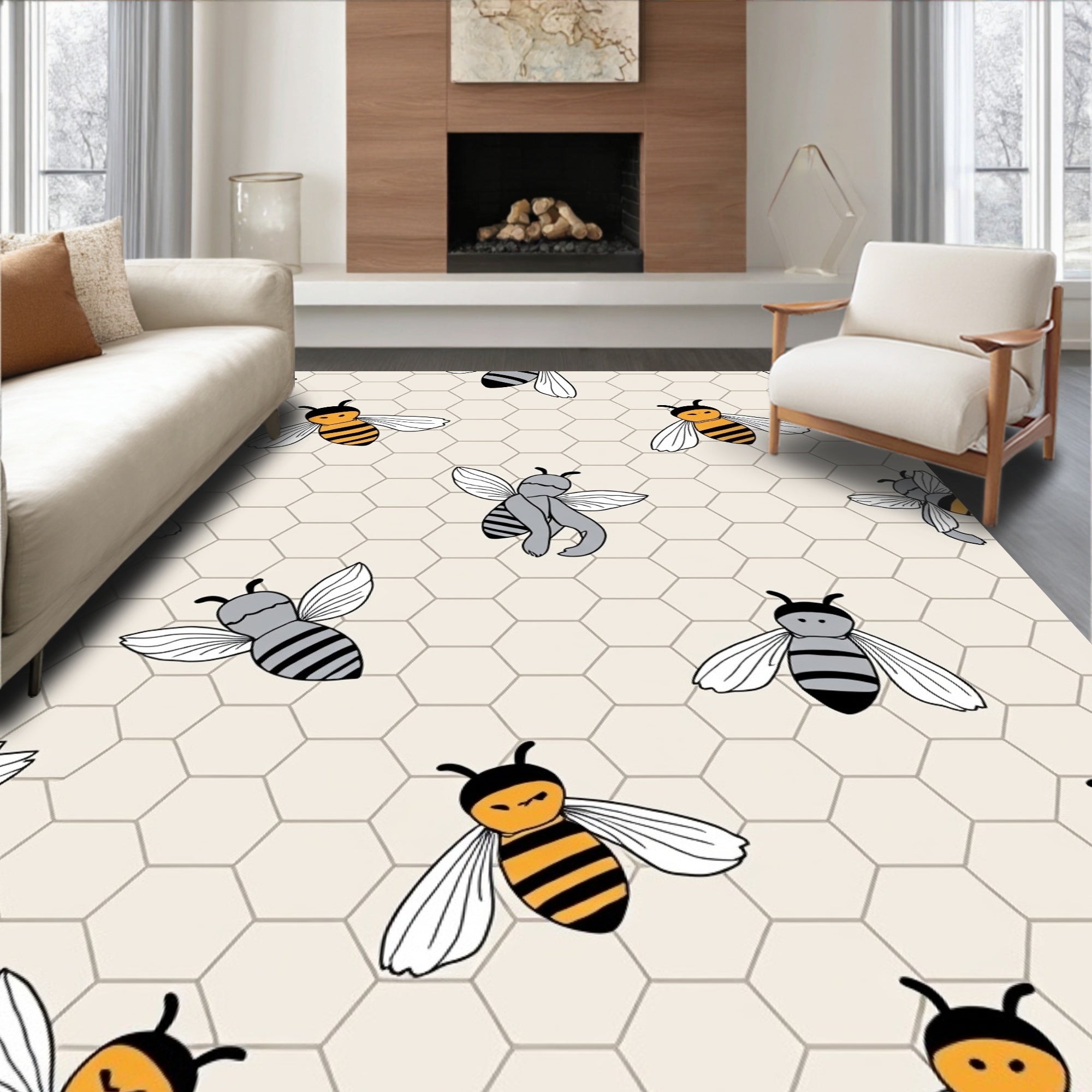 Yellow Gray Bee Honeycomb Pattern Rug
