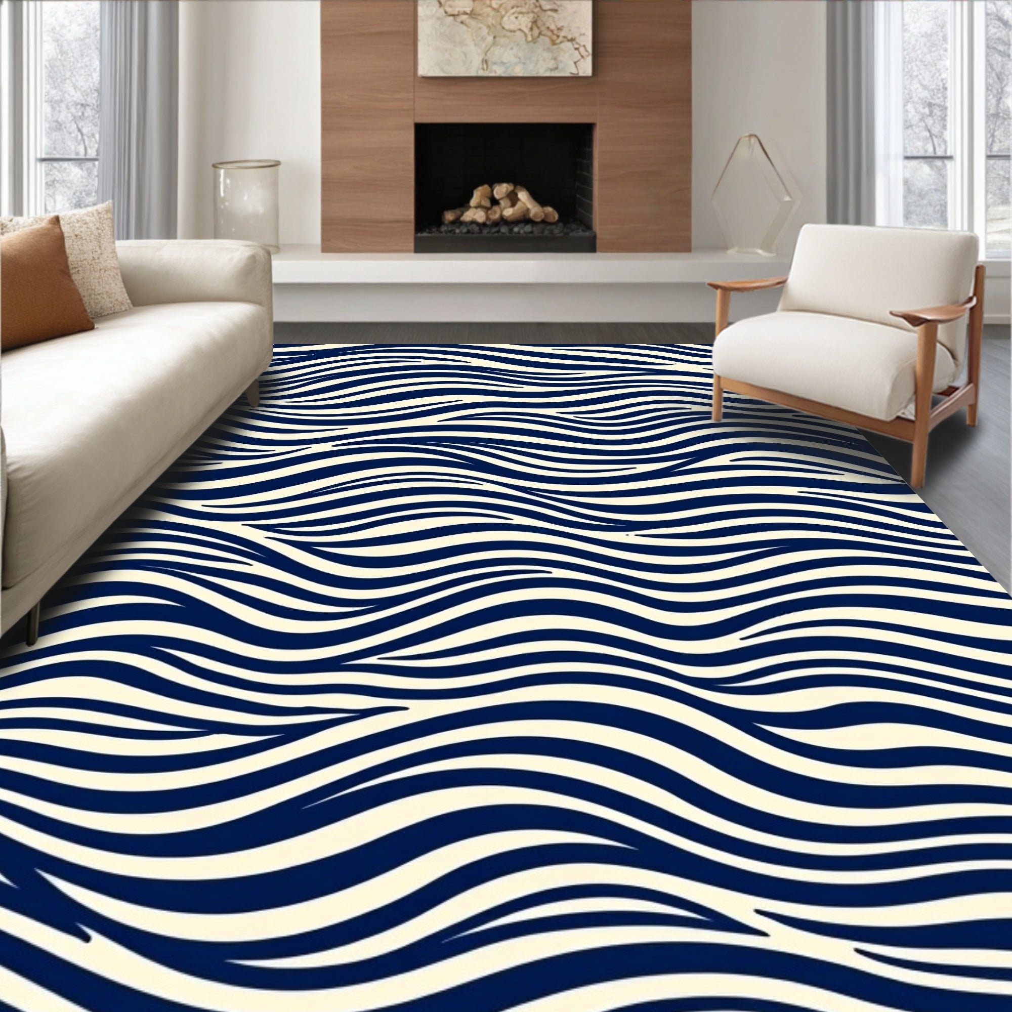 Navy Cream Wavy Stripes Rug