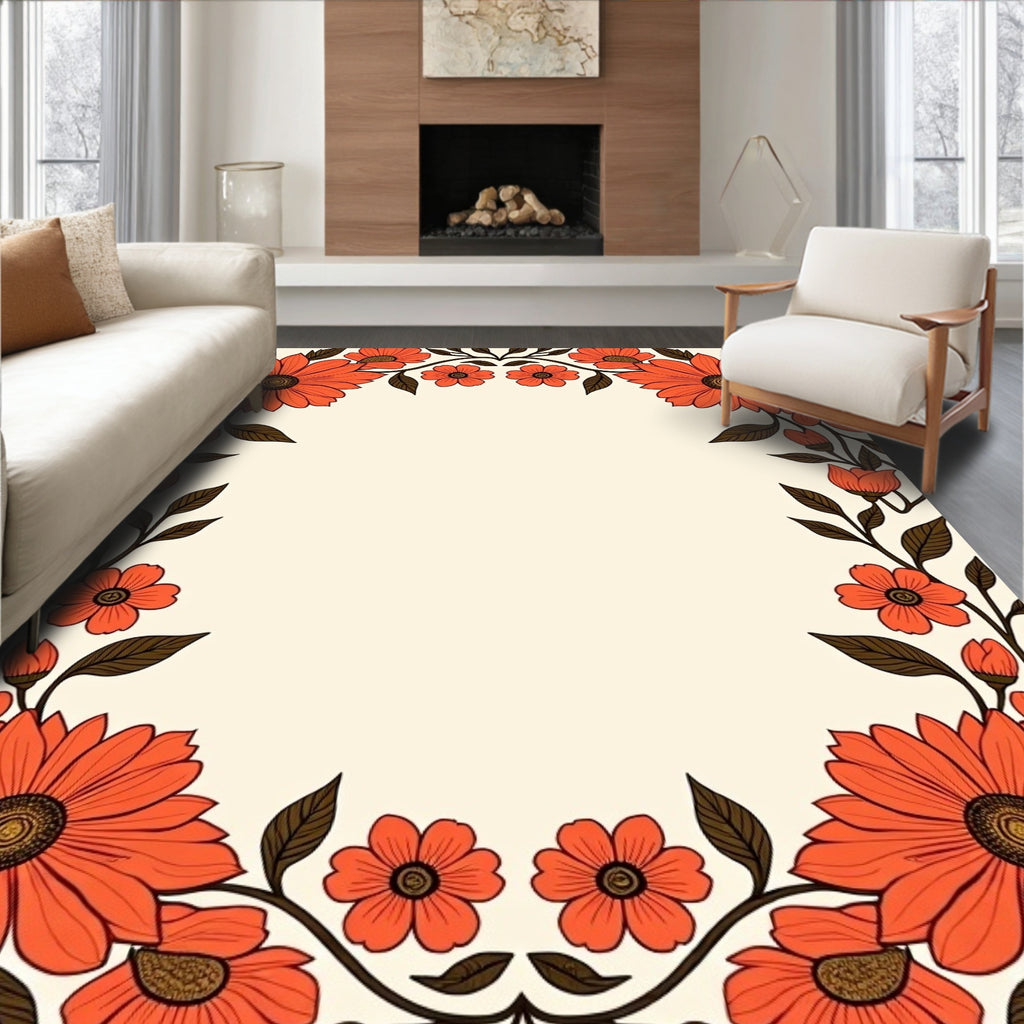 Vibrant Coral Floral Border Rug