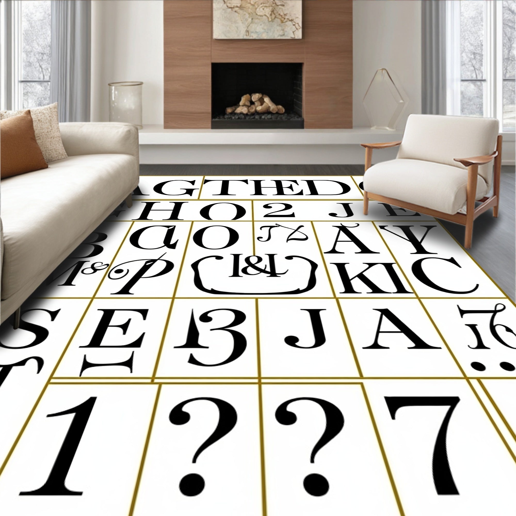 Black White Alphabet Monogram Vintage Rug