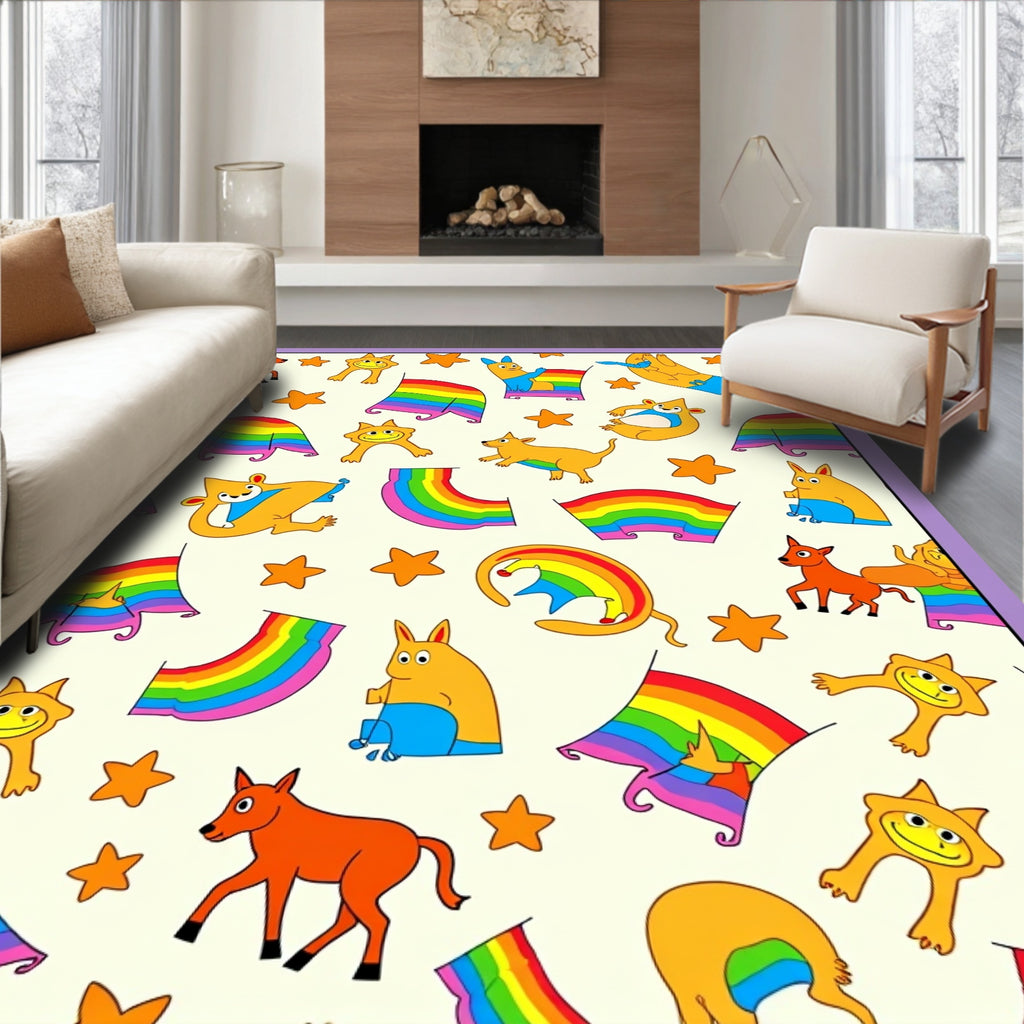 Whimsical Rainbow Creatures Starry Cream Rug
