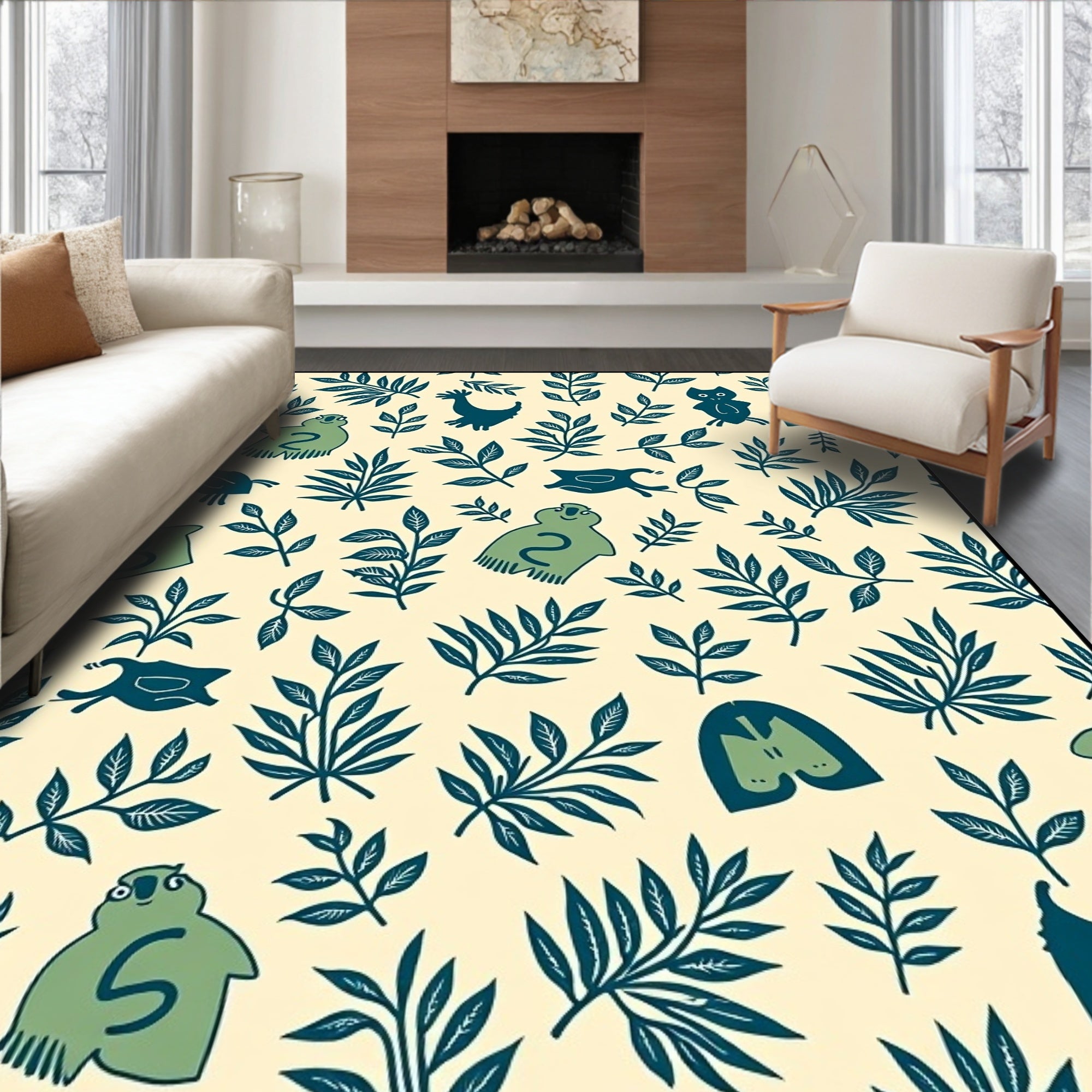 Whimsical Teal Creatures Leafy Garden Rug
