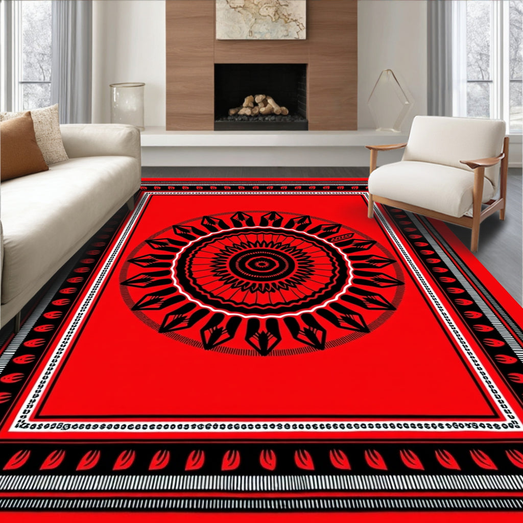 Bold Red Sunburst Mandala Border Rug