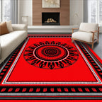 Bold Red Sunburst Mandala Border Rug