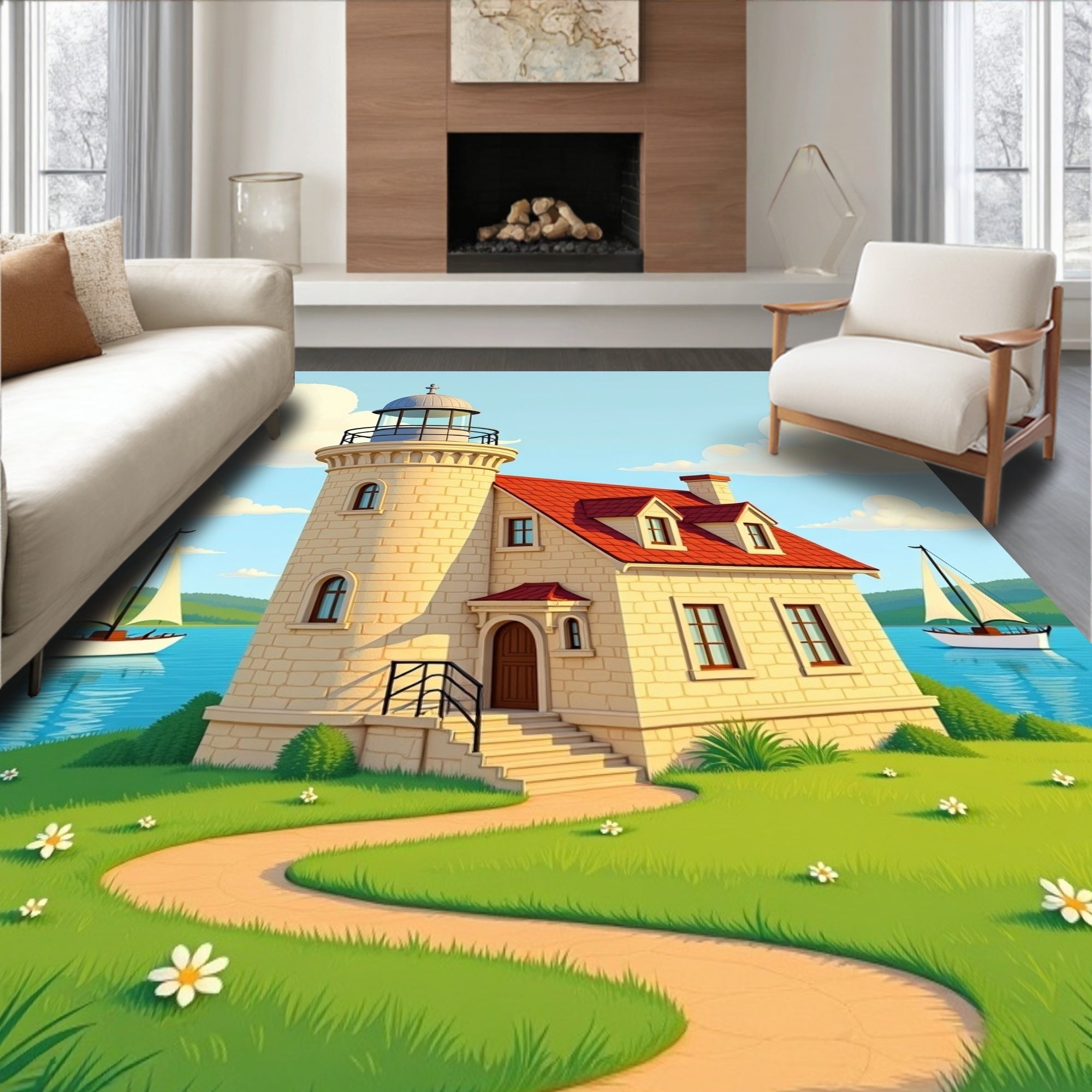 Coastal Lighthouse Sailboat Scenic View Rug