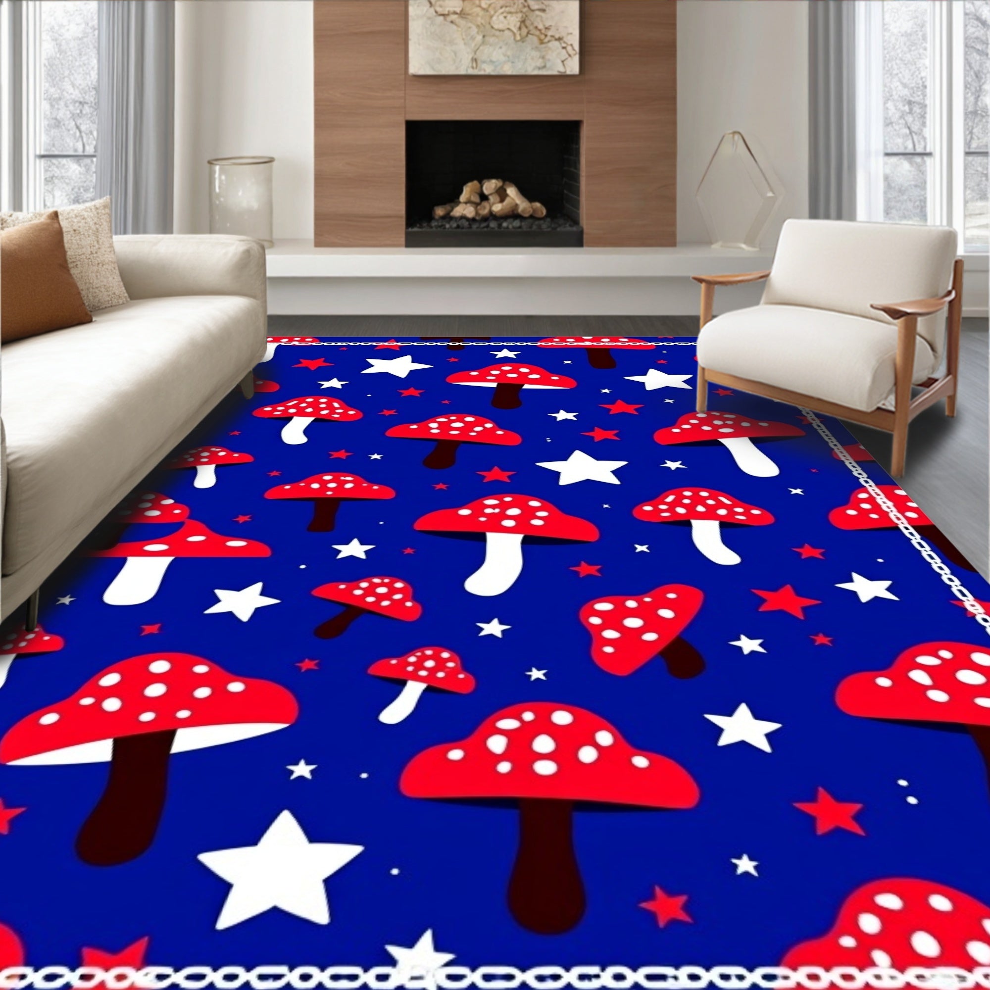 Red White Polka Dot Mushroom Stars Rug