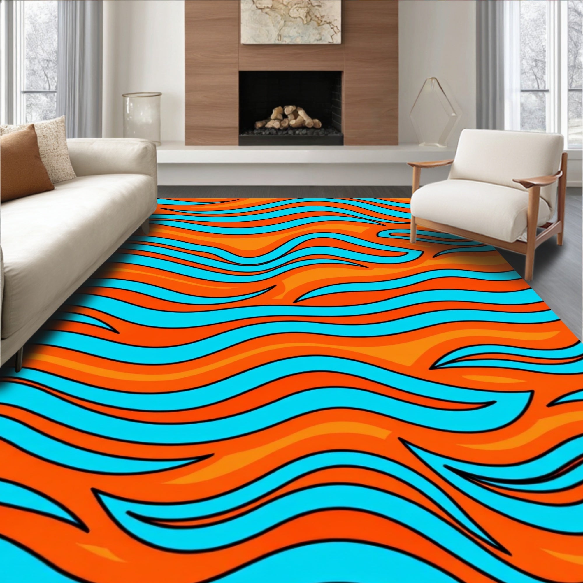 Vibrant Orange Aqua Swirl Rug