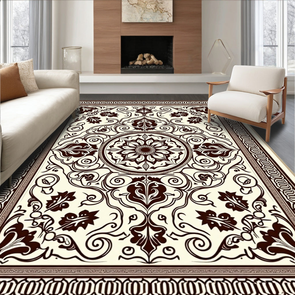 Ornate Cream and Chocolate Floral Medallion Rug
