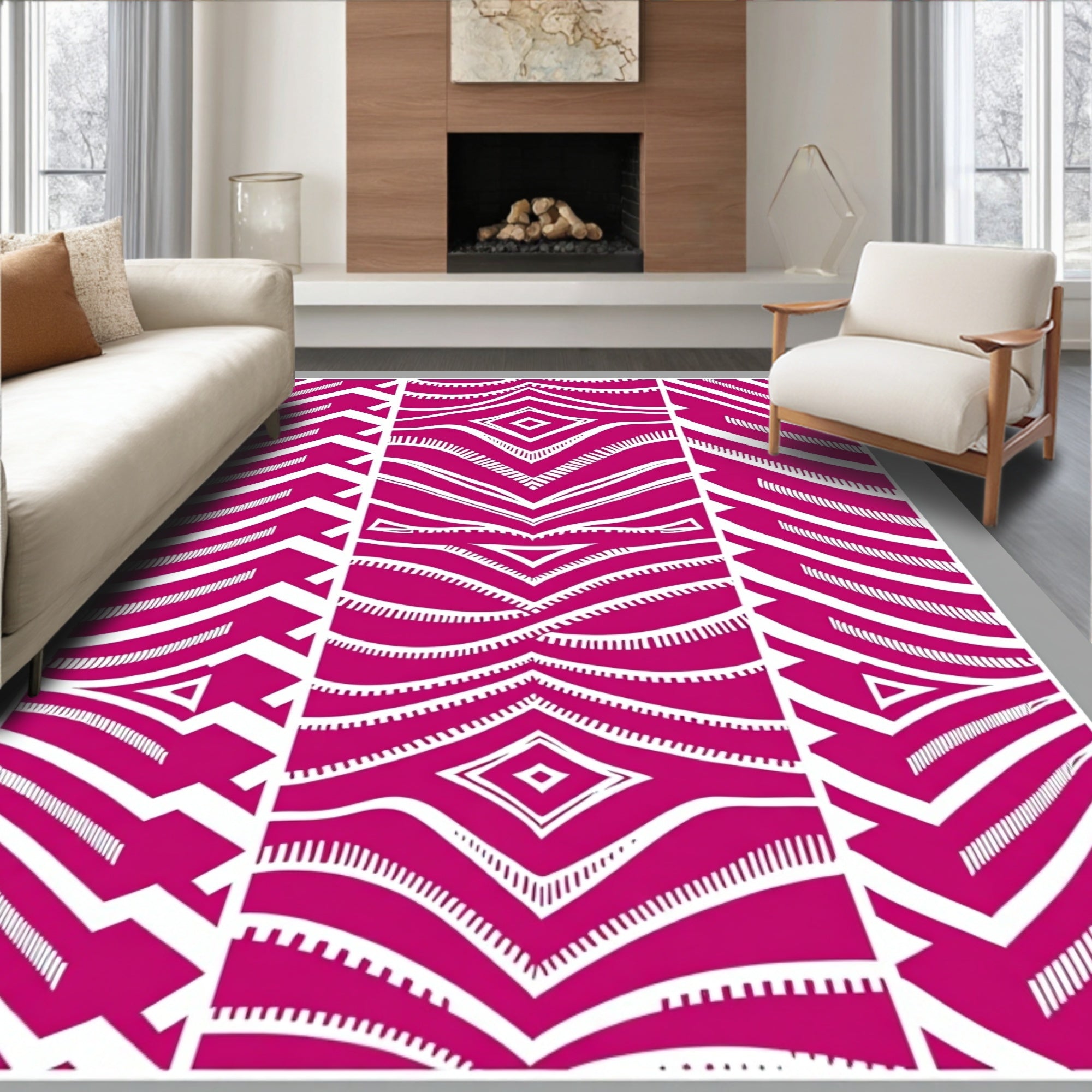 Pink White Tribal Chevron Diamond Rug