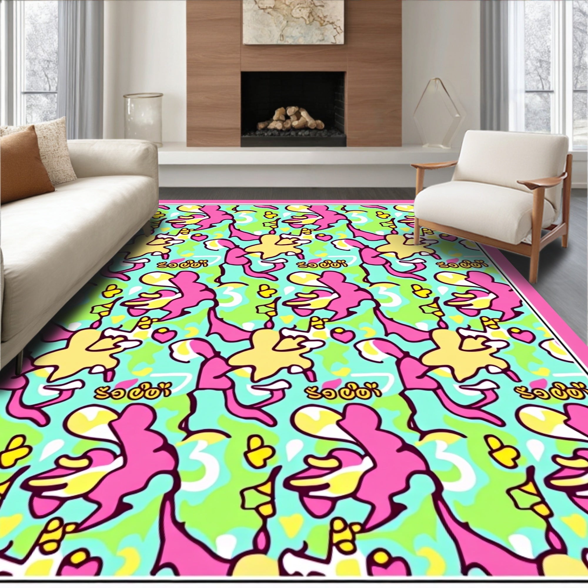 Grassy Pink Yellow Abstract Figures Rug